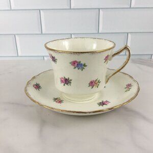 James Kent Floral Tea Cup Saucer Longton England Pink Blue Yellow Flowers
